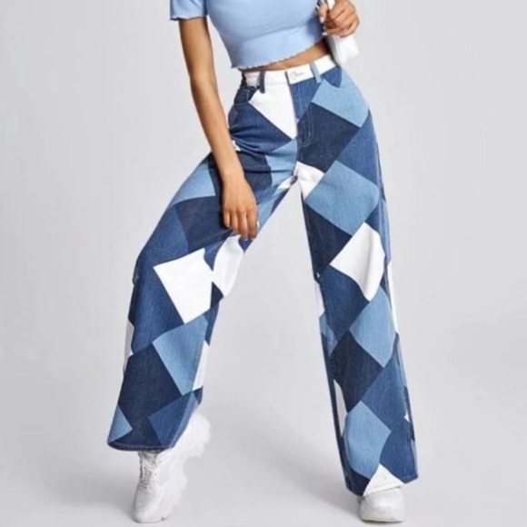 Diamond Patchwork Jesns Wide-Leg Denim – Statement Edition - Picture 10 of 14